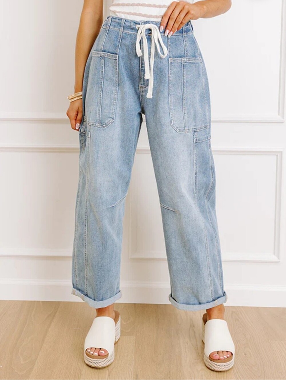 Wide Leg Light Blue Denim Cargo Pants with Drawstring Waist